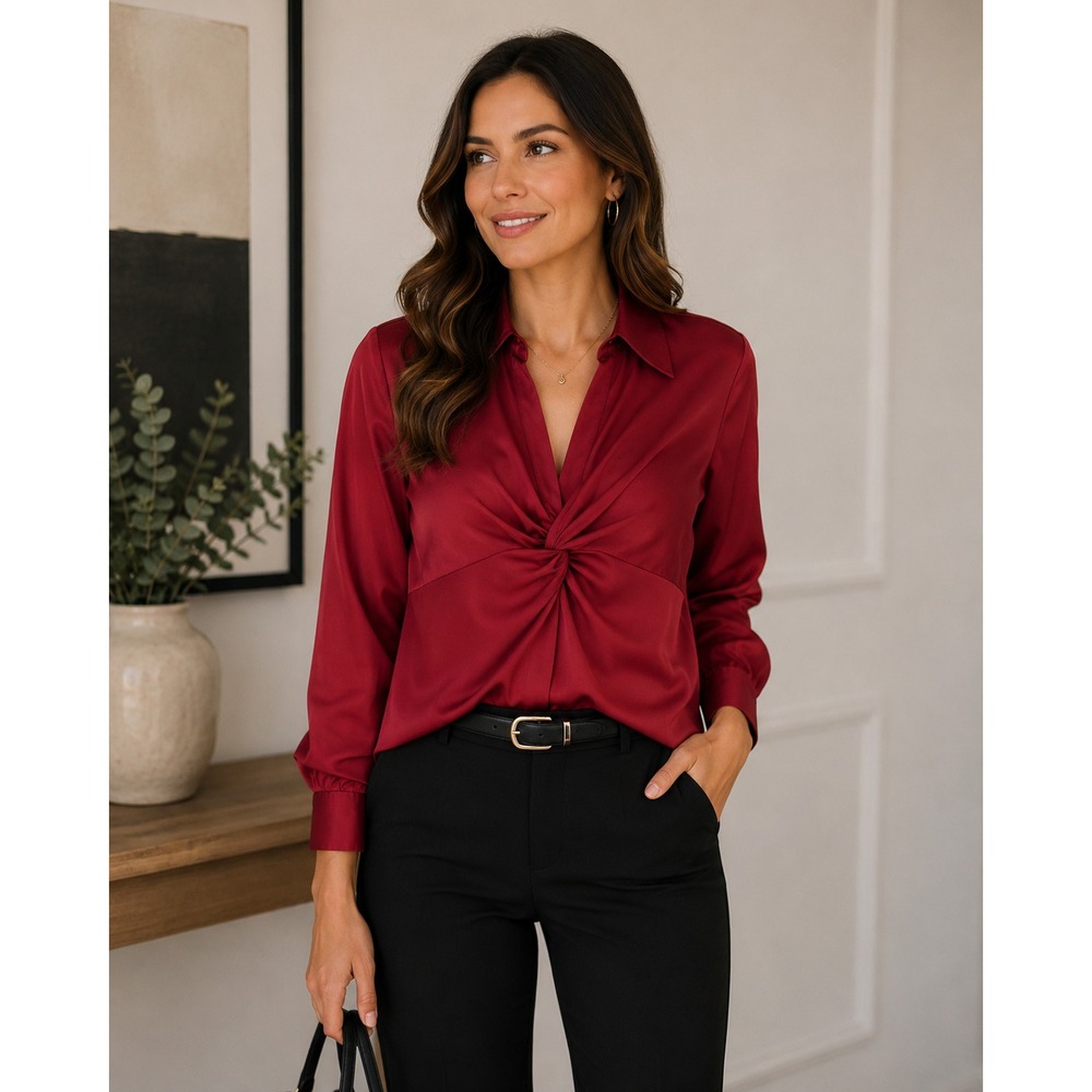 Ann Taylor Deep Red Twist Chest Long Sleeve Blouse Satin Shirt Top Small S